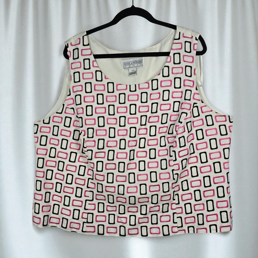Jessica Howard Woman 24W Linen Blend‎ Sleeveless Top Geometric Embroidered Lined